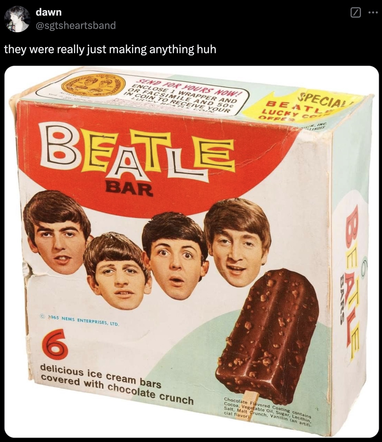 beatle bar ice cream - dawn they were really just making anything huh Send For Yours Now! Enclose 1 Wrapper And Or Facsimile And 50 Luchy In Coin 1ECEIVE Colour Special Beatl Lucky Co Offer Ir, Inc Indis Beatle Bar Beatle Bars 1965 Nems Enterprises, Ltd. 